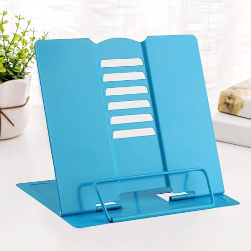 Sky Blue Lightweight Metal Book Holder - Adjustable Portable Cook Book Stand for Recipe Documents & Tablets