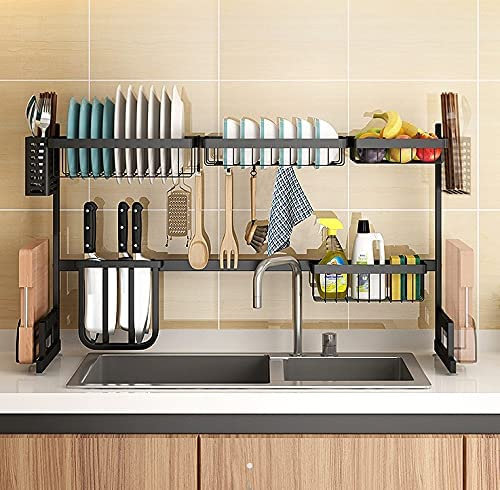 Supfine Escurridor de vajilla de acero inoxidable 304, escurreplatos en Fregadero de cocina, color negro, soportes de cocina, colocación ajustable, capacidad de carga máxima: 75 kg, longitud 85 cm