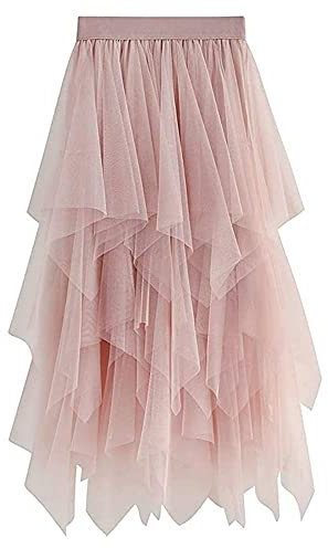 YILEEGOO Gonna da donna in tulle, a vita alta, a strati, a strati, per balletto, ballo di fine anno, festa, tutù, gonna midi a trapezio, rosa, Taglia unica