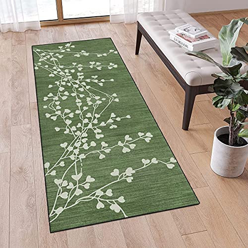 MONECER Teppichläufer rutschfest Meterware 60x120cm Grün Vintage Blatt Muster Dünner Waschbar Läufer Teppich Flur Schlafzimmer Korridor Küchenläufer Teppich Lang, Anpassbare Größe, 40 - 120cm Breit