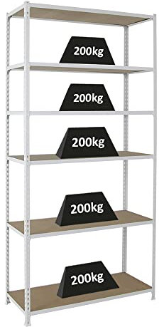 PROREGAL Schwerlastregal Giant MULI | HxBxT 250x120x50cm | 6 Fachböden | Fachlast 200kg | Weiß | Lagerregal Kellerregal Werkstattregal Metallregal Fachbodenregal Steckregal