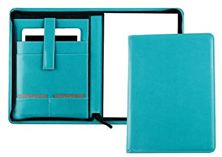 DELMON VARONE - Tablet Schreibmappe mit Reißverschluss inkl. Notizblock DIN A4 aus veganem Eco Kunstleder Türkis - Organizer Konferenzmappe mit Stifthalterung & Einsteckfach - Organisationsmappe