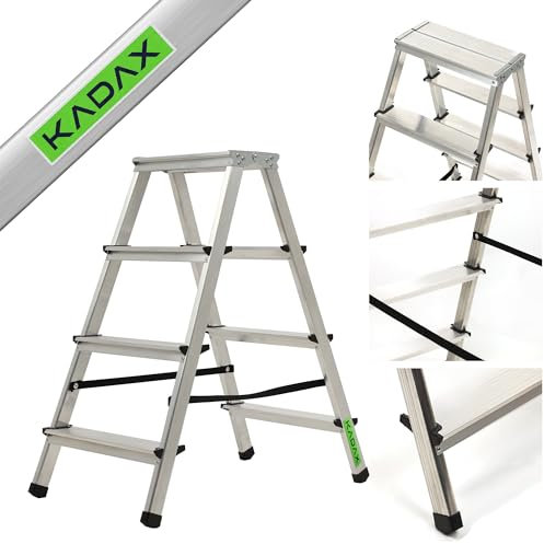KADAX Scala Pieghevole in Alluminio, Scaletta Doppia a Pioli con Piattaforma Antiscivolo, Gradini Larghi e Struttura Leggera, Fino a 125 kg (4 Gradini)