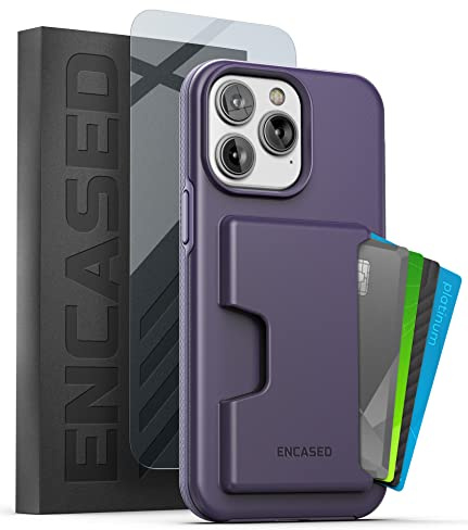 ENCASED Shockproof Wallet Case Designed for iPhone 14 Pro Max with Card Holder and Screen Protector (4 Credit Cards/IDs) - Purple