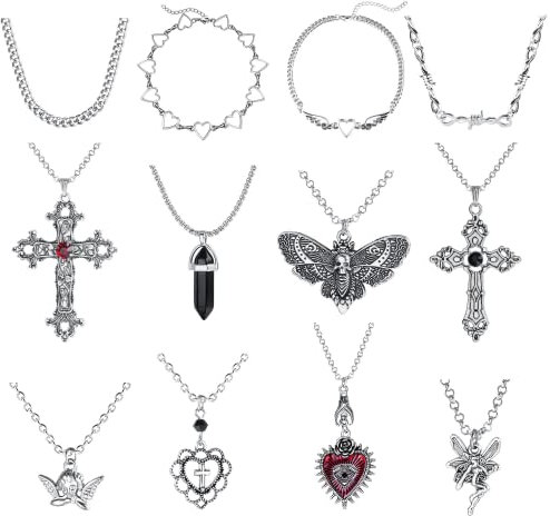 JeryWe 12 Stück Gothic Grunge Halskette Set für Damen Frauen Y2k Choker Flügel Kreuz Böses Auge Schmetterling Kristall Engel Herz Cool Gothic Y2k Schmuck