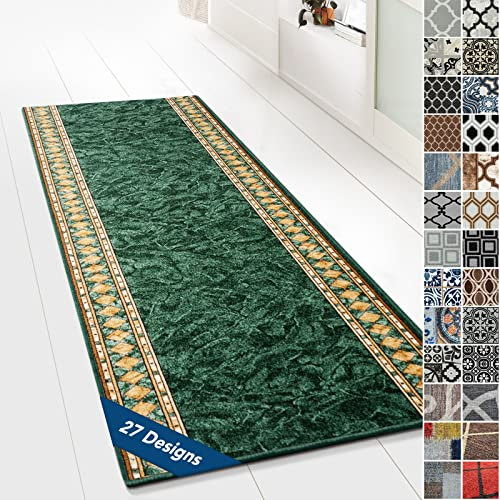 Floordirekt Teppichläufer mit Muster - maßgefertigter Feinschlingen Teppich Läufer für Küche, Flur & Wohnraum - Ornament Vintage Orient Gitter (80 x 150 cm, Rügen Grün)
