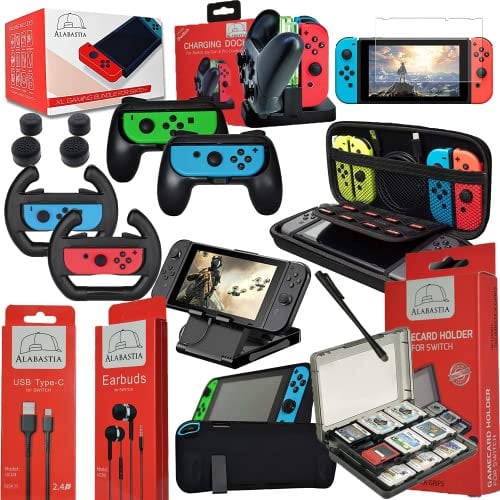 Alabastia® 17 in 1 Zubehör Set Kompatibel mit Nintendo Switch, Hochwertige Tragetasche, Multifunktions-Controller-Ladestation, Robuste Silikon Schutzhülle, Displayschutzfolie etc.