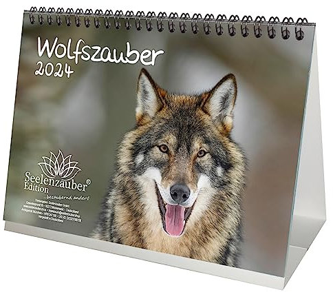 Wolfszauber DIN A5 Tischkalender für 2024 Wolf und Wölfe - Geschenkset Inhalt: 1x Kalender, 1x Weihnachts- und 1x Grußkarte (insgesamt 3 Teile)