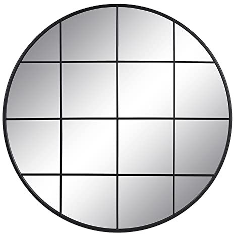 LOLAhome Espejo Ventana Redondo Negro de Cristal con moldura de Metal de Ø 80 cm