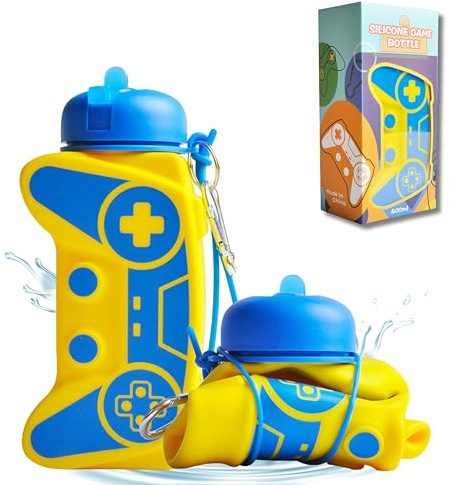 CODiLLO Trinkflasche, Gamepad, Trinkflasche für Jungen, Trinkflasche für Kinder, Silikonflasche, BPA-frei, Kinderflasche, Faltbare Trinkflasche, 600 ml (Gelb)