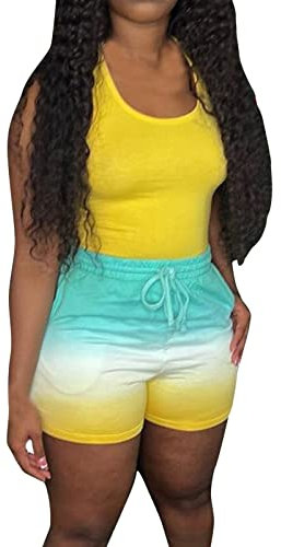 QWUVEDS Short Gradient for Women 2 Pieces Yellow Tie Dye Print Sleeveless Scoop Neck Tank Top High Waist Shorts Tracksuit Running Clothes Women Set, yellow, M