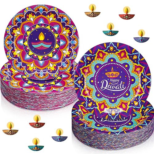 Maxcheck 100 Pcs Happy Diwali Round Paper Plates 7 Inch Design for Party, Holiday, Birthday Dessert - Colorful Indian Disposable Plates for Table Decoration, 2 Styles