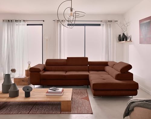 Bestmobilier Zaria – Ecksofa rechts – mit Schlaffunktion und Bettkasten sowie verstellbaren Kopfstützen – 5-Sitzer – aus Cord Terrakotta