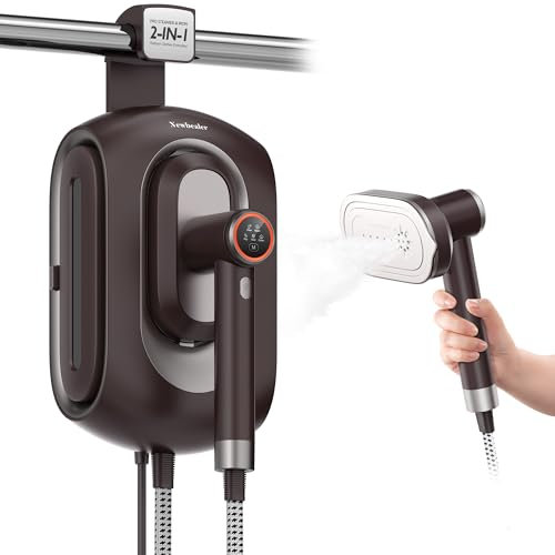 Newbealer 2 en 1 Estación de Vapor y Plancha 1550W, 3 Niveles de Vapor, Tanque Desmontable 1.2L, Calentamiento Rápido en 30s, Apagado Automático, Autolimpieza, Almacenamiento Innovador (Marrón)