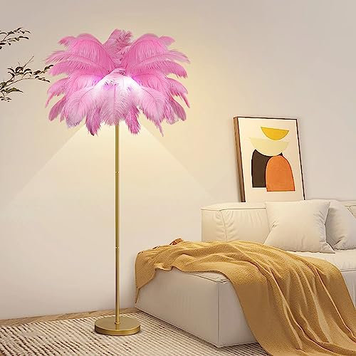 Pink Feather Floor Lamp 3 Color Temperatures Feather Palm Tree Floor Lamp for Living Room 1.6m Standing Lamp Tall with Foot Switch Gold Floor Lamp for Bedroom 6 LED Bulb (Pink) Made in China