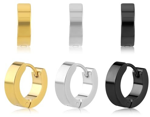 Men Hoop Earrings, 3 Pairs Stainless Steel Mens Earring Hoops Gold Silver Black Hoop Earrings for Men Women Wearing