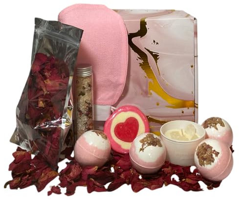 GoBooyaka Ultimate Relaxation Bath Bundle Set - 4-Piece Rose Bath Bombs, Bubble Bath Salt Ball, Coconut Soy Candle, Exfoliating Glove, Bath Salts, and Dried Rose Petals