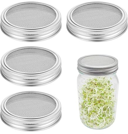Prasacco 4 tapas de germinación, tapas de tarro de germinación de acero inoxidable, tapa de colador de tarro de germinación, kit de germinación para tarros Mason de boca ancha, tapas de tamiz de