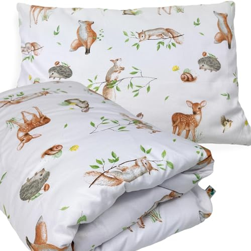 Kinderbettwäsche 90x120/40x60 cm, 2 Bezüge, Baumwolle, Wald, ohne Füllung | Stoff nach OEKO-TEX STANDARD 100 zertifiziert, Decken- und Kissenbezug zum Wechseln, für Baby- und Kinderbett