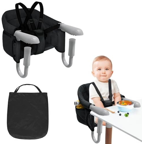YUENFONG Tischsitz Baby Faltbar, Babysitz mit rutschfest Klemmen und Sitztasche,kinder Stuhlsitz klappbarer für 2-8cm dicke Tisch, Geeignet für Esstisch Camping Reise(Schwarz)