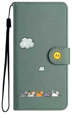 Aisenth Handyhülle für Samsung Galaxy A51 4G Klapphülle mit Kartenfächer | Motiv mit süßer Katze,Standfunktion,Kartenfächer,PU Leder,3 Kartenfächer+Geldfach+Handschlaufe,Magnetische,Modisch,Grün