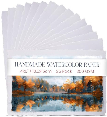 Wanderings Dickes Handgeschöpftes Aquarellpapier im A6-Format mit Büttenrand, 300gsm – Hochwertiges, Weißes, Kaltgepresstes, Strukturiertes Mixed-Media, Recycelter Baumwolle Papier – 25 Blätter