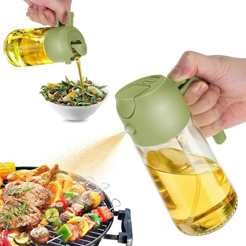 WJVV 2 in 1 Glass Oil Sprayer & Dispenser, Oil Dispenser for Kitchen Spray, 16oz Glass Oil Spray Bottle with Pourer, Food-grade Oil Dispenser & Sprayer for Kitchen, Salad, Frying (Green)