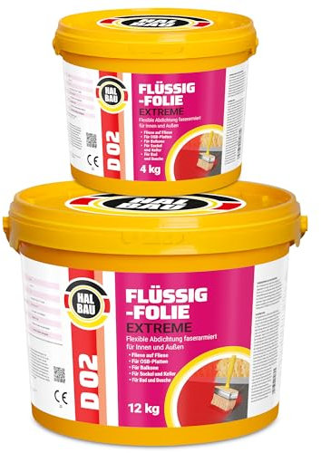 Flüssigfolie 16kg, Flüssiggummi für Innen und Aussen, Faserverstärkte Hochelastische Abdichtung, Wassersperre unter Fliesen, Balkon, Dusche Halbau D02