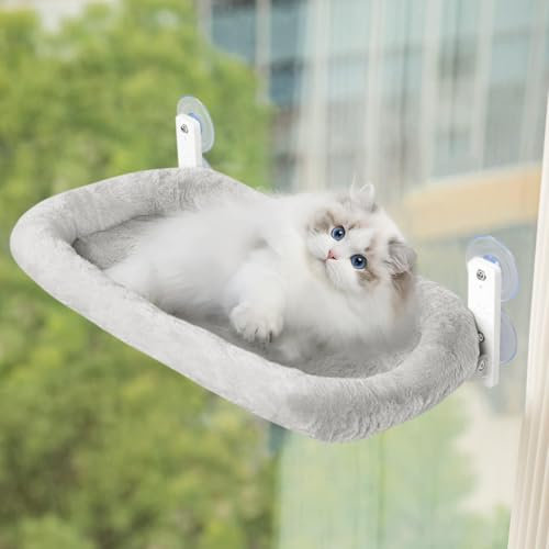Cat Hammock Bed - Foldable Hanging Perch, Large Cat Shelf with Strong Suction Cups, Reversible Cover for Glass Windows, Holds Up to 18KG
