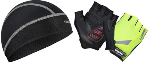 GripGrab UPF 50+ Leichte Sommer Fahrrad Unterhelm Mütze & ProGel 4mm DoctorGel Polsterung Kurzfinger Fahrradhandschuhe Gepolsterte Fingerlose Sommer Radsport Handschuhe