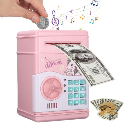 Yulado Tirelire Enfant Code de Mot Passe Electronique, Pièce Monnaie en Argent avec Musique, Aspire Automatiquement Les Billets Coffre Cash, Cadeaux d'anniversaire Noël pour Garçons Filles Rose