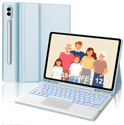 Tastatur für Samsung Galaxy Tab S10+/S9FE+/S9+ con Touchpad, Hülle Tastatur Kompatibel mit Samsung Tab S9/S9FE/S10 Plus 12.4 Zoll 2023/2024, 7-Farbige Beleuchtung Magnetisch mit QWERTZ Layout, Blau