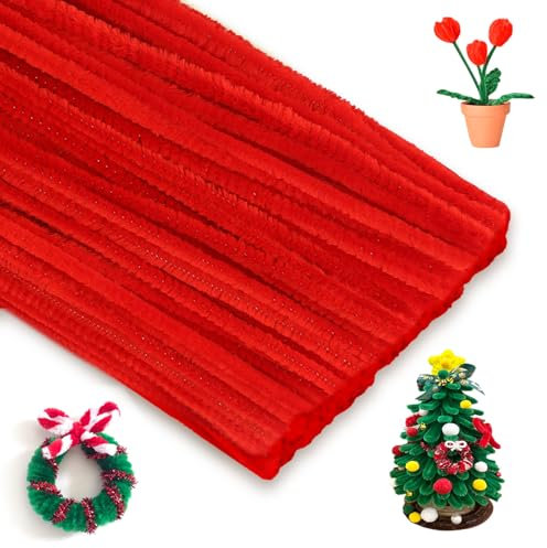 KINGLAKE Pfeifenputzer 100 Stück, Pfeiffenputzerdraht Rot, 30CM Pfeiffenputzerdraht Biegbar, Pfeifenreiniger Zum Basteln, Dekorieren, Weihnachten