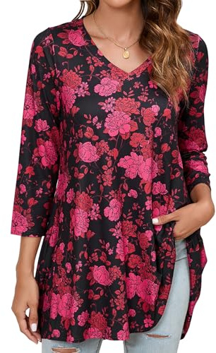 Enmain Tunique Femme Longue à Manche 3/4 Grande Taille Chic et élégant Chemisier Blouse Col en V Fleurs Swing Tunique Confortable Hiver Fête Noire&Rouge, S