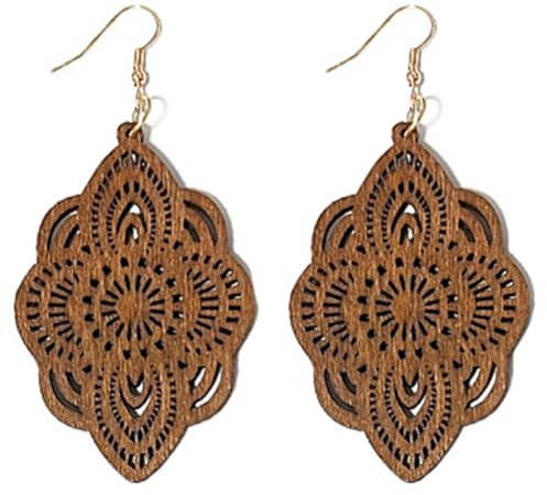 Bohemian Wood Earrings Natural Retro Lightweight Hollow Pattern Geometric Wooden Dangle Drop Earrings Statement Vintage Jewelry (Brown Earrings)