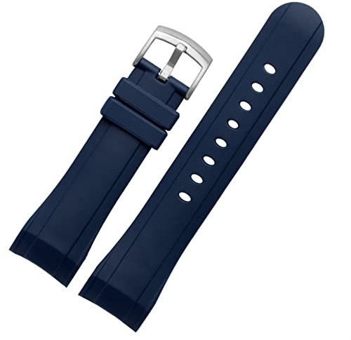 FFHDJL Fluorkautschuk Uhrenarmband 24mm für Graham-Uhrenarmband Gummiarmband Herren Sportarmband Uhrenarmband mit gebogenem Ende(Blue silver buckle)