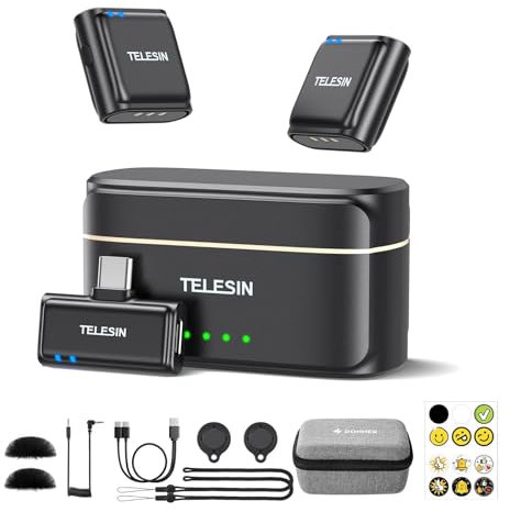 TELESIN° Wireless Lavalier Microphone (2TX + 1RX + Charging Case), One-Click Noise Reduction 200m LOS Range, Hi-Fi Audio, All-day Duration for Video Recording Fit iPhone 15 16 Series/Android/PC