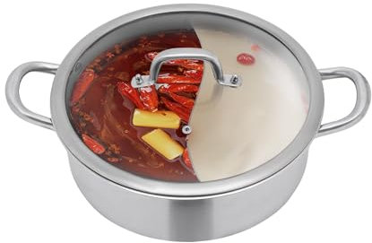 RjcdOPL Marmite à deux compartiments en Acier Inoxydable 304, Pot de Fondue avec Accessoires Complets, Couvercle en Verre et Cuillère/Cuillère Fuyante (32cm (diamètre extérieur))