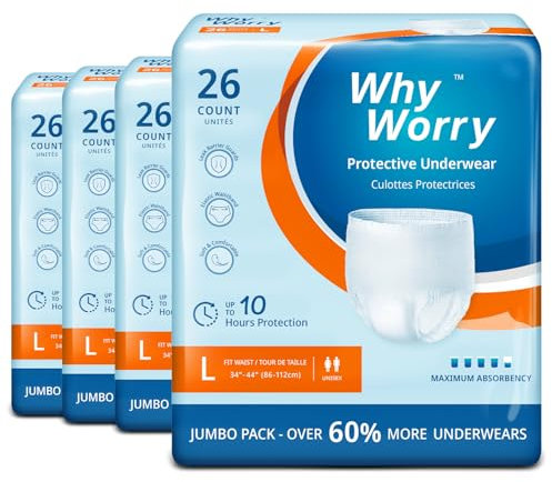 WhyWorry Inkontinenz Pants für Männer und Frauen, Inkontinenz Slip Damen und Herren, Windelhosen Erwachsene Einweg, Geruchsschutz, Unisex, Größe L, 104 Stück (4 Packungen von 26)
