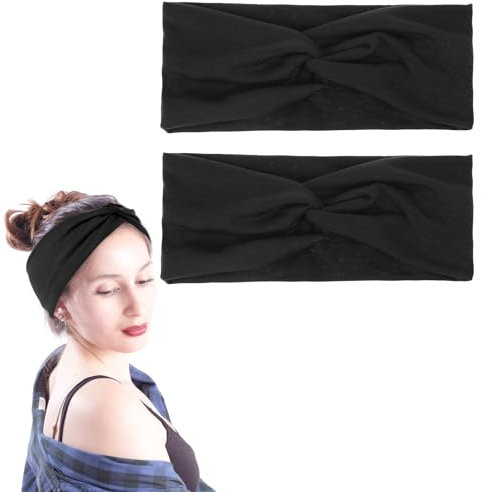 COMNICO 2 Stück Stirnbänder Damen Breites Verdrehte Haarband Haar Elastisches Stirnband Turban Geknotete Breite Schals Haarbänder Sport Yoga Stirnband Haaraccessoires Schwarz