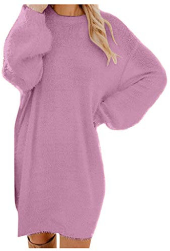YOSUWOAI Robe pull pour femme - Pull long - Col rond - Robe ample - Manches longues - Robe d'hiver chaude - Robe pull élégante - Couleur unie - Robe tunique confortable et douce, lilas, XL