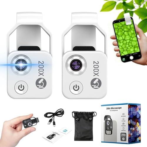 200X Phone Mini Pocket Microscope with LED Light/Universal Clip, 2025 Upgrade Pocket Microscope Camera, Attachments for 99% Smartphone, Macro Lens for Mobile Phones (White 2PCS)