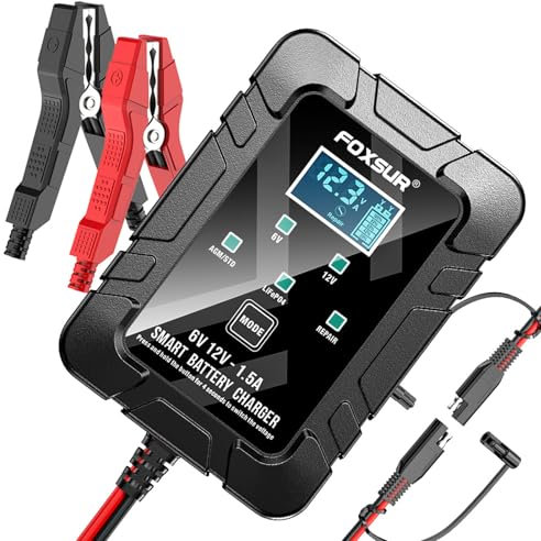 YIWEOG Chargeur de Batterie de Voiture 1,5 A, Chargeur Automobile 6 V et 12 V avec écran LCD, mainteneur de Batterie pour Batteries Plomb-Acide AGM Gel pour Motos et tondeuses à Gazon, Noir, Prise UE