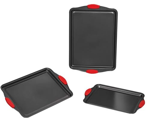 VEVOR Juego de Sartenes para Hornear, 3 Piezas, Bandejas y Hojas de Acero al Carbono Antiadherentes, Utensilios de Cocina Apilables para Horno con Asas de Silicona, para Hornear Galletas, Negro