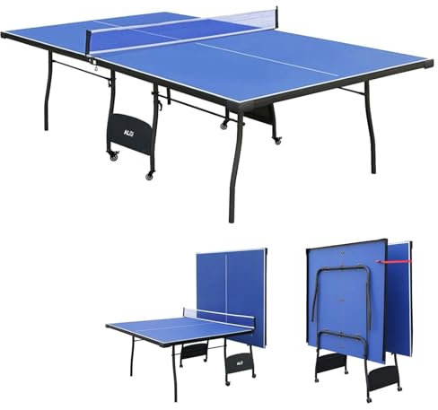 HLC 9FT Professional Full Size Folding Ping Pong Table with Wheels & Solo Trainer Mode - Foldable Indoor/Outdoor Table Tennis Table - Blue (275.6 x 153 x 75.6 CM)