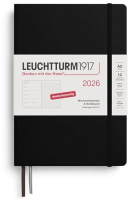 LEUCHTTURM1917 372519 Wochenkalender & Notizbuch Dotted Medium (A5) 2026, 12 Monate, Schwarz, Deutsch