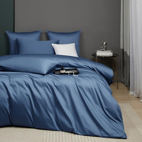 Luofanfei Bettwäsche 200x220 Baumwolle Kühlend Blau Mako Satin Sommer | Glatt Luxus Muster Atmungsaktiv Bettwäscheset Weich und Bügelfrei Uni Bettbezug und 2 Kissenbezüge 80x80 cm
