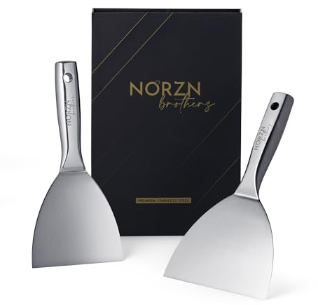Grillspachtel Edelstahl Set – 2 Stück Plancha Spachtel (10 und 12,7 cm) Flexibel mit Gradient und Spiegelpolitur, Grill Schaber, BBQ, Grill, Teppanyaki, Spülmaschinenfest, 10 Jahre Garantie