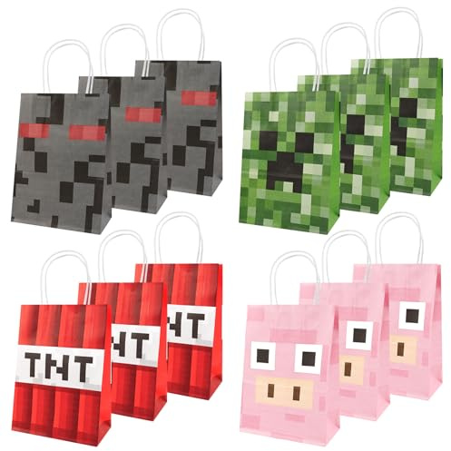 12 Stück Party Geschenktaschen mit Henkel, Kinderparty Süßigkeiten Tüten, Bunt Geschenktüte, Partytüten Candy Tüten zum Befüllen mit Spielzeug Mitgebsel, Kindergeburtstag Ostern Party