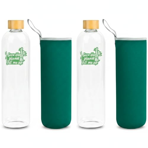 Bioidea Bouteille d'Eau en Cristal avec Bouchon en Bambou - Bouteille en Verre Borosilicaté Écologique, Recyclable, Réutilisable, Libre de Toxiques, sans BPA